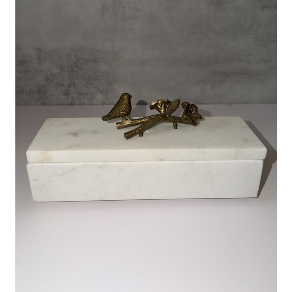 NWOT Anthropologie Solid Marble Brass Handle Incense Trinket Box Rectangle White